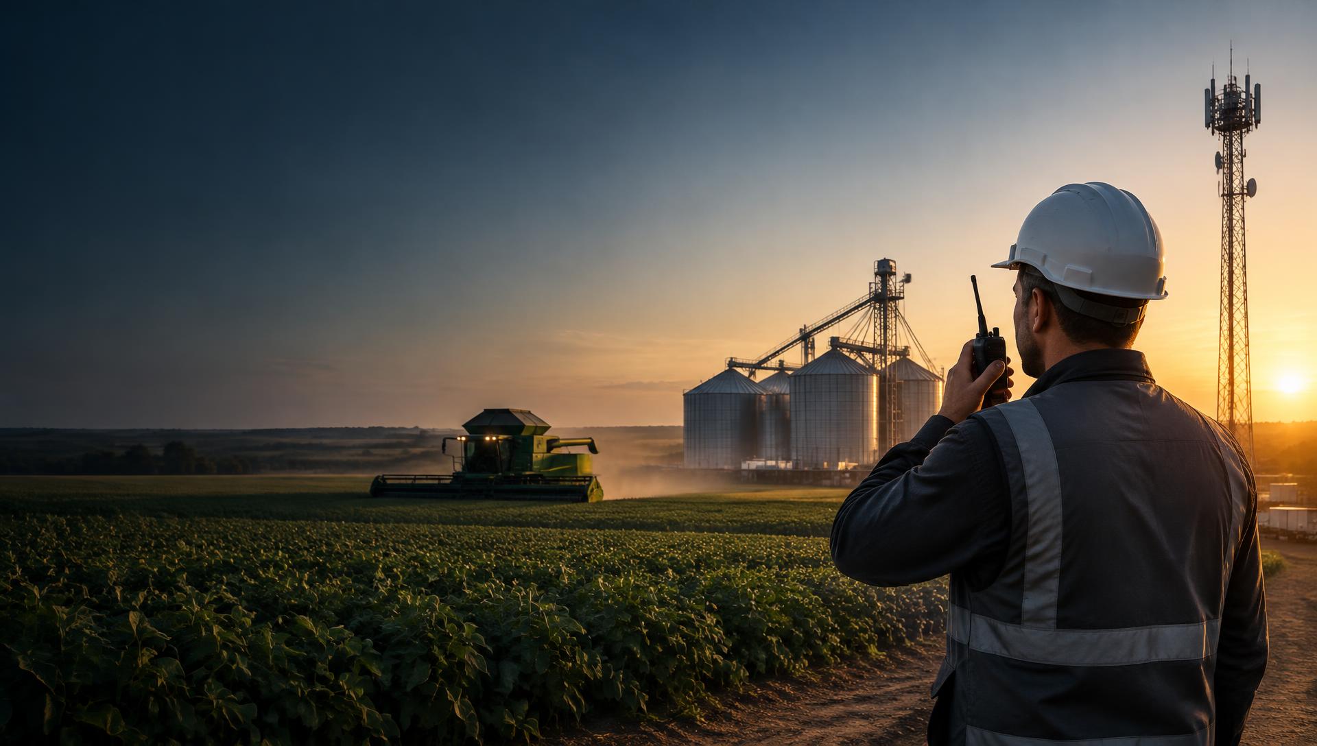 Técnico utilizando rádio comunicador em operação agroindustrial com torre de comunicação.