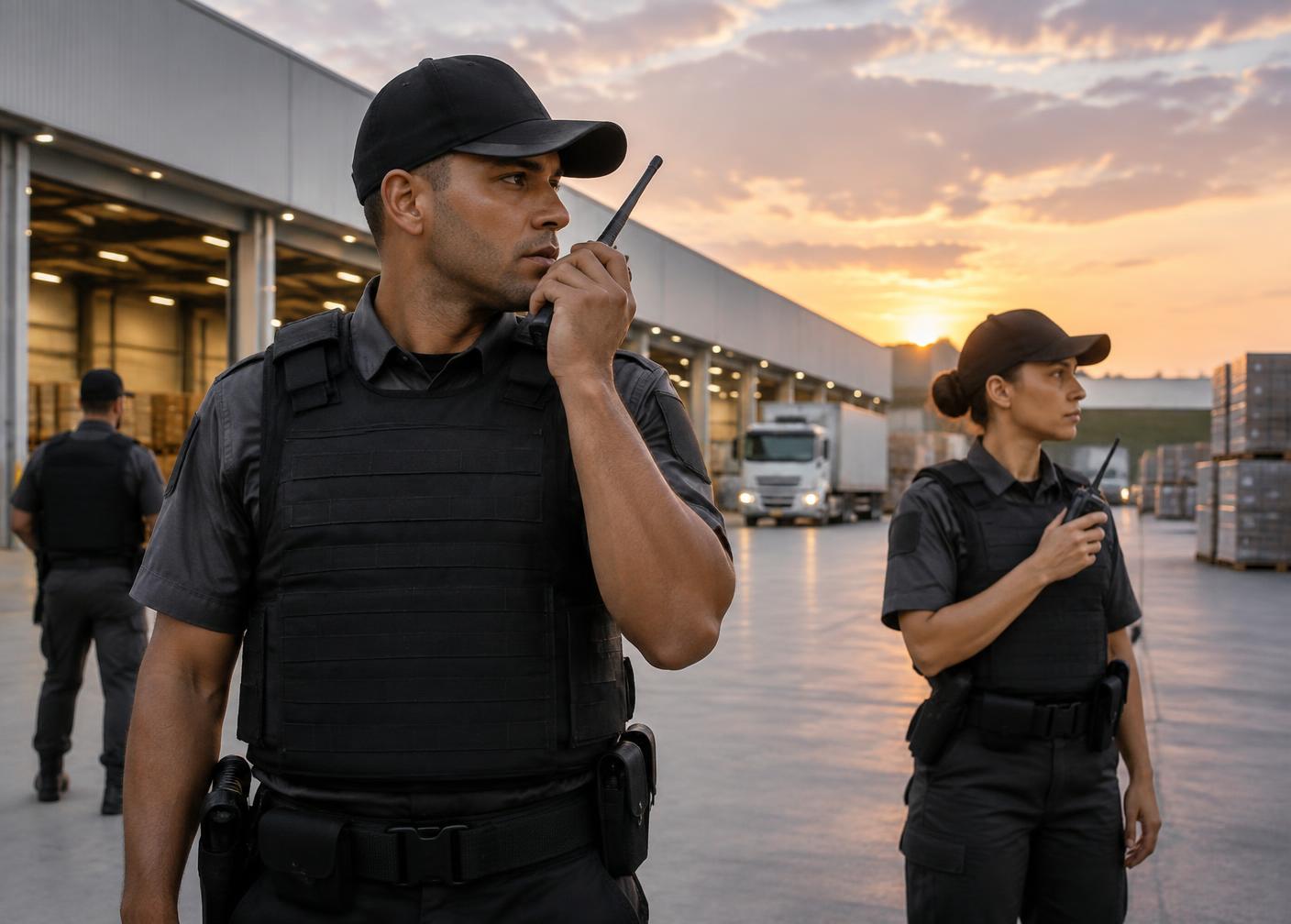 Equipe de segurança privada utiliza rádios em centro logístico.
