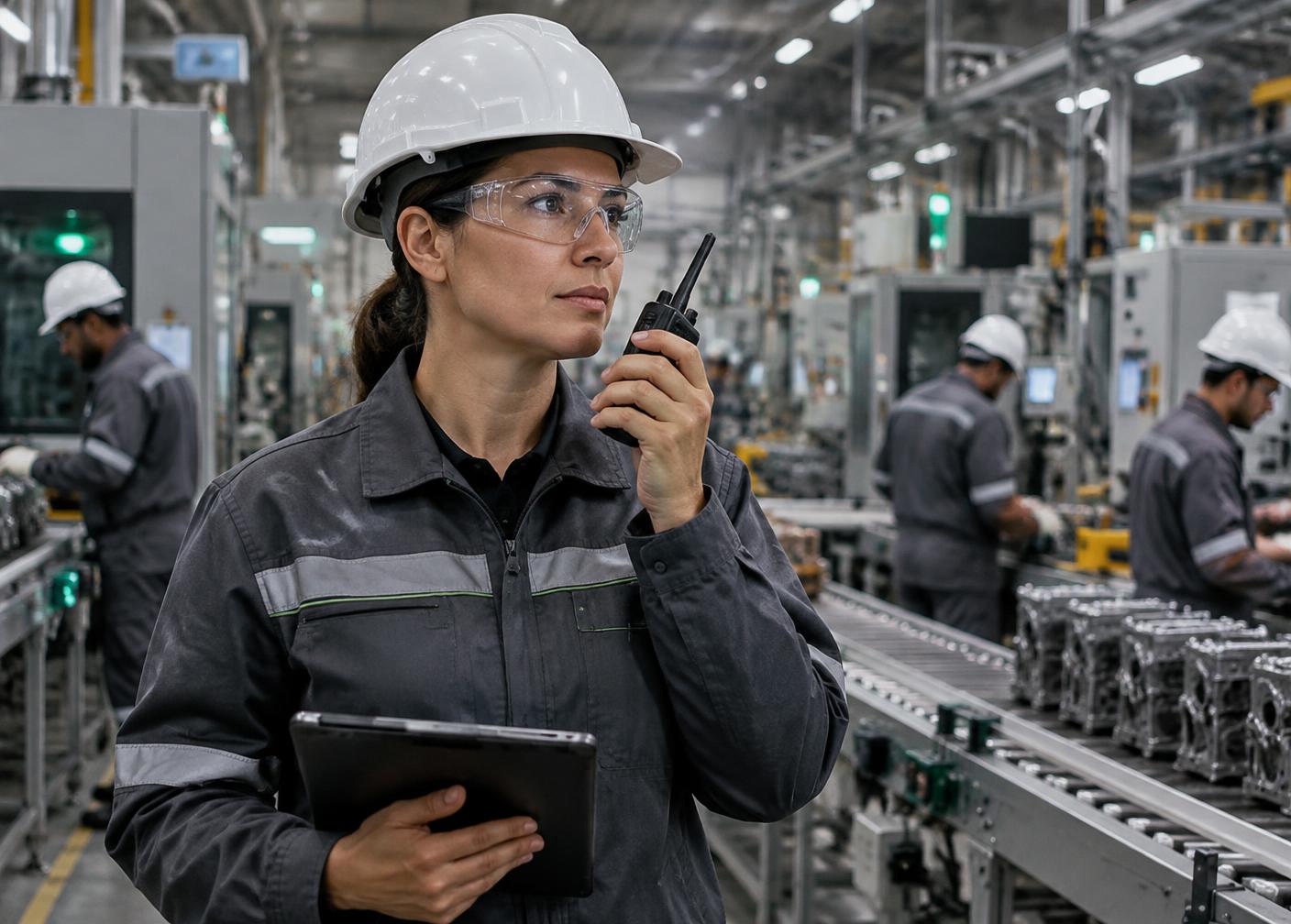 Supervisora utiliza rádio profissional em linha de produção industrial.